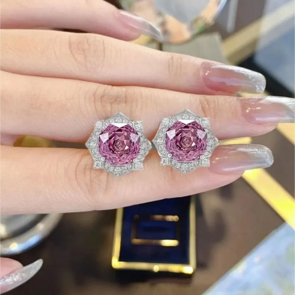 4CT Rose Purple Paris Sapphire Millennium Cut Luxury Stud Earrings 8MM - Picture 8 of 9